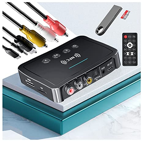M6 NFC Bluetooth Sändare Empfänger, POMME Bluetooth 5.0 FM -Sändare 3 i 1 Bluetooth Adapter 3,5 mm AUX/RCA -Avsändarmottagare Lämplig för Alla Typer av Högtalare, TV, Datorer och Bil TV Radioer