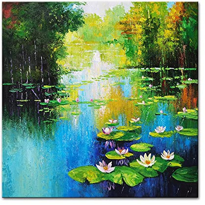 Ölbilder Auf Leinwand Handgemalt,Moderne Abstrakte Lotus Teich Landschaft 100% Handgezeichnete Kunstwerke, Große Nordische Gemälde Rahmenlose Coole Bilder Kunst Wand Für Zu Hause Korridor Wohnzim