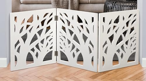 Safety Pet Gate für Hunde - Freistehend & Faltbar - Dekorative Schnörkel Holzzaun Absperrung - Treppen & Türen (Weiß)