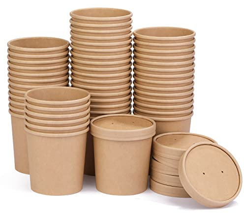 Wuadua 50 Stück Papier-Suppenbehälter, Einweg-Papier-Lebensmittelbecher, Suppenaufbewahrung mit Deckel, Suppenbecher, Eisbecher, ideal für Restaurants, zum Mitnehmen oder Mittagessen zum Mitnehmen