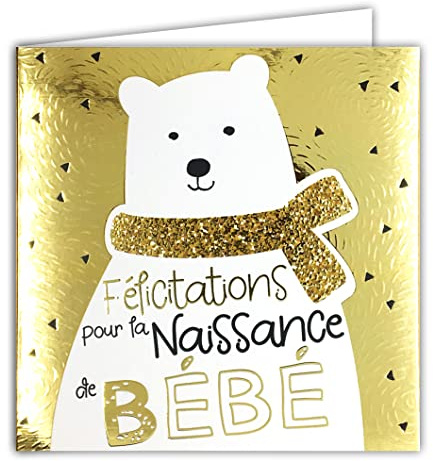 22111 Carte avec Enveloppe Carrée 15x15cm FÉLICITATIONS pour la NAISSANCE de BÉBÉ pour Garçon ou Fille en Or Doré Brillant en relief texturé Ours Blanc Nounours Doudou Enfant -Fabriqué en France