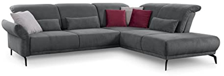 CAVADORE Ecksofa Cooper / Luftige Eckcouch mit Ottomane rechts, schwarzen Metallfüßen und feinem Cord-Bezug / 294 x 88 x 242 / Cord, Dunkelgrau