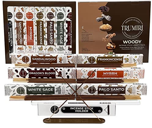Woody Incense Sticks Variety Pack - 120 Insence-Sticks (6 Incents x 20 Insense) - White Sage Palo Santo Dragons Blood Sandalwood - Natural Inscents-Sticks Non Toxic Cleansing Incienso + Burner Holder