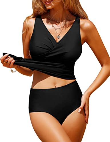 UMIPUBO Womens Tankini Sets Tummy Control Swimsuit Push Up Padded Swimwear Twist Front Tankini Top with Bikini Bottoms V Neck 2 Piece Bathing Suits Swiming Costume (Black, M)