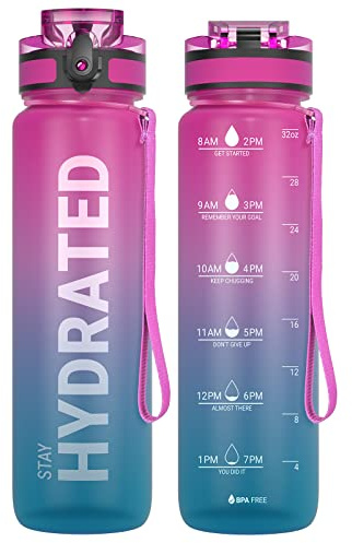 Sahara Sailor Leakproof Water Bottle 1L, Tritan BPA Free Motivational Sport Drinks Bottle with Clear Time Marker, Lock Cover, Easy Clean Brush, Durable for Gym, School, Hiking, Cycling (1 Bottle)