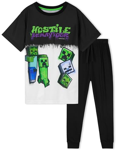 MINECRAFT Barnpyjamas - långärmad bomullspyjamas för pojkar 5–14 år prylar presenter till spelare, Grön/vit, 9-10 anni