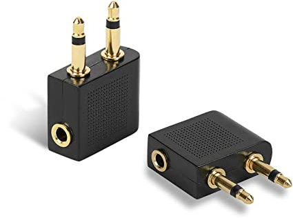 Flugzeug-Flug-Kopfhörer-Adapter, 3,5 mm vergoldeter Klinkenstecker | 2 x Airline-Flugadapter, kompatibel mit Sony, Bose, Beats, JVC, Sennheiser, Panasonic, Betron usw. (Golden)