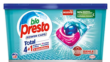 Bio Presto Power Caps Higiene & Frescura, Detergente Lavadora Dosificado en Cápsulas Elimina la suciedad y las bacterias, Paquete de 18 lavados