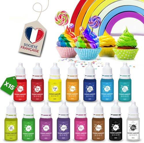 Colorant Alimentaire Liquide Concentré [ 15 Coloris – 100% Comestible ] | Peinture Alimentaire pour Pâtisserie, décor gâteau, crèmes, macarons, pâte à sucre, slime (Liquide)