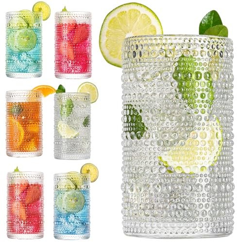 Claplante Hobnail Drinking Glasses, 6 pcs Embossed Designed Highball Glasses, 12oz Glass Cups, Tall Water Glass Tumbler, Mojito Cups, Cocktail Glass, Vintage Glassware Set for Juice, Cocktail, Whiskey