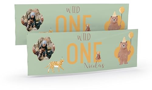 Banner selbst gestalten mit Foto und Text I Geburtstagsbanner (Wild One) personalisiert für 1. Geburtstag Jungen & Mädchen I Kindergeburtstag Deko