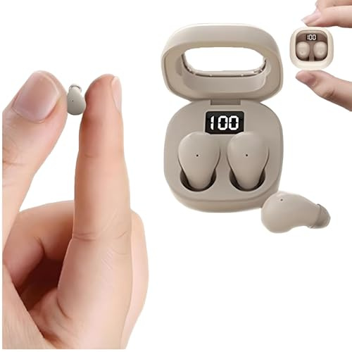 Petits Écouteurs Taille de poche Mini Autonomie longue durée Étanchité IPX5 Légère Intra-auriculaire Écouteurs Bluetooth Sans Fil Casque Bluetooth avec LED Affichage de Écran Autonomie Visible Beige
