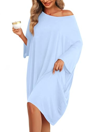 KFUBUO Camicie da Notte Taglie Forti per Le Donne Camicie da Notte Oversize in bambù Maglietta da Notte Maniche Corte Stampa Indumenti da Notte con Tasca, Blu Chiaro, Taglia Unica