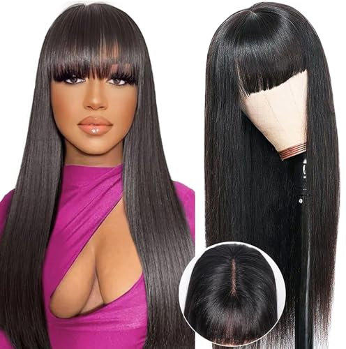 Perücke Damen Straight Human Hair Wig With Bangs, 2x4 Lace Front Wear And Go Glueless Wig Human Hair For Black Women, Echthaar Perücke Schwarz Mit Pony 180% Dichte 34 Zoll