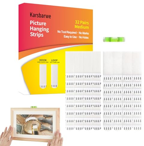 Karsbarwe 64Strips(32Pairs) Medium Picture Hanging Strips Heavy Duty,Photo Frame Stickers for Wall,Damage Free Adhesive Strips for Frame Hanging and Christmas Decorations