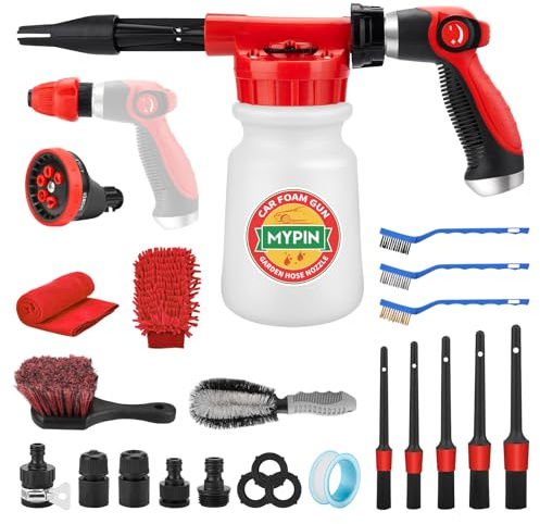 Car Wash Foam Gun Set/Hose Sprayer, 22pcs Wash Kits Foam Cannon, Adjustable with 2.5-6 Ratio Dial Foam Blaster, 1L Bottle, Nozzles, Mitten, 1/2’’ Quick Connector for Garden Hose,Car Cleaning