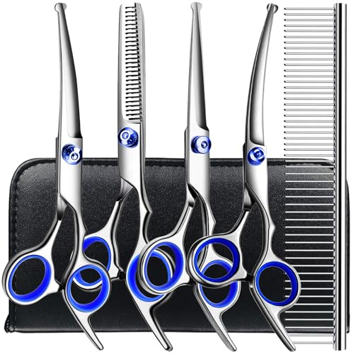 TINMARDA Dog Grooming Kit, Professional Stainless Steel Dog Grooming Scissors with Curved Shears, Blue Finger Rings - 5 Piece Sharp Durable Pet Shears for Dogs Cats At Home Salon-Quality Grooming