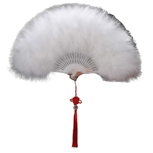CXPMY Feather Dance Fan Elegant Folding Fan Full Velvet Colorful White Feather Fan Chinese Knot Hand Fan Girl Dance Wedding Party Decoration(White)