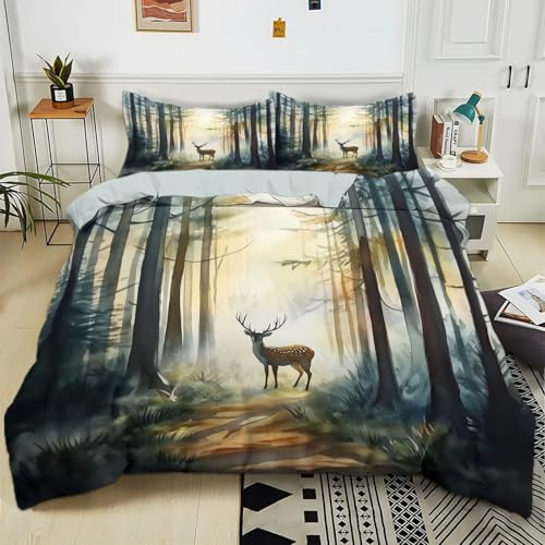 Parure de lit pour Enfant 140x200 cm Cerf De Forêt Vert Housse de Couette Polycoton Ensemble de Literie Linge de Lit avec Taies d'oreiller, pour Décoration Chambre à Coucher