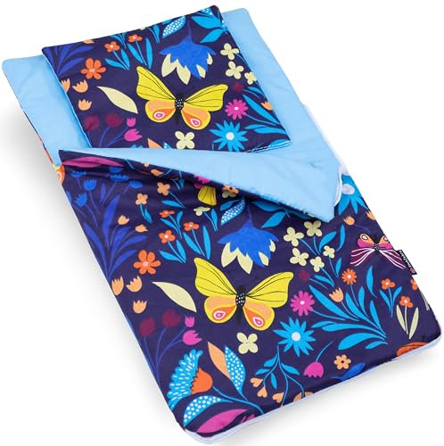 PinkZebra Puppenschlafsäck 2-teiliger Set für Puppen, Puppenbettwäsche für Puppenbett mit Matratze, Puppenbettzeug beidseitig, aus Baumwolle, Schmetterlinge Bunt