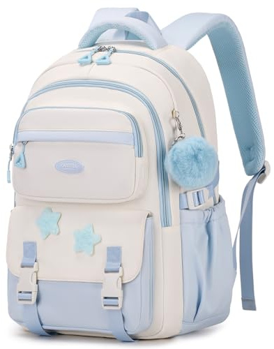 Amythe Mochilas Escolares para Niñas Adolescentes Mochila Infantil Grande para Chicas 10 12 14 años con Colgante de Pompón, Mochila Colegio de Viaje Casual, Apta para Carrito, Azul