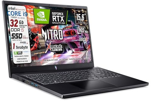 acer Notebook Gaming Nitro, Intel Core i9-13900H, RAM 32GB, SSD 1Tb PCI Nvme, 15.6 FHD IPS 180Hz, NVIDIA GeForce RTX 5050 8GB GDDR7,Wi-Fi 6E, Thunderbolt 4.0, Win 11Pro, Ready to use