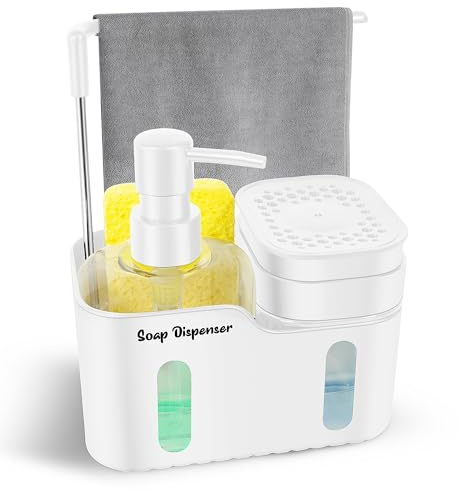 Dual Soap Dispenser Set for Kitchen Sink, 4-in-1 Hand & Dish Soap Dispenser with Sponge Holder, Brush Storage & Dishcloth Hanger, Removable & Non-Slip Design, White
