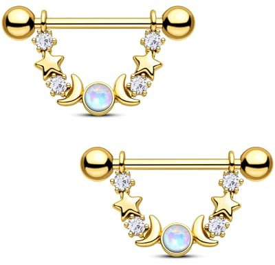 CM Crareesi Mania Mond Stern Nippelpiercing Gold Brustwarzenpiercing Silber Nippel Piercing Schmuck Edelstahl 14G Nippelringe mit Zirkonia für Damen Herren