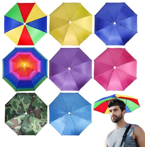 BORDEAG 8 Stück Regenschirm Hüte, Kopf Regenschirm 55cm, Regenschirmhut, Regenhut Angeln Handfrei, Faltbarer, Wasserdicht Schirmhut Für Angeln Strand