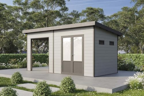 Finnhaus Wolff WPC Gerätehaus Tona 5024 28 Hellgrau Gerätehaus aus Holz/Kunststoff in Hellgrau, Geräteschrank mit 28 mm Wandstärke inklusive Schleppdach Gartenhaus