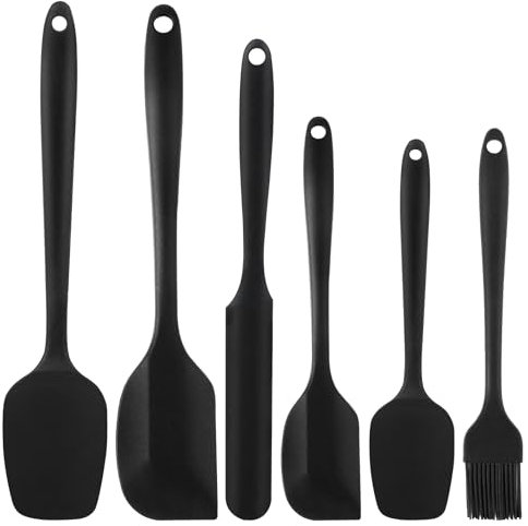 Juego de 6 Espátulas de Silicona - Utensilios de cocina de silicona 28 cm - Silicona de Grado Alimenticio - Resistente al Calor, Antiadherente, Fácil de Limpiar - Para Cocinar, Hornear (Negro)