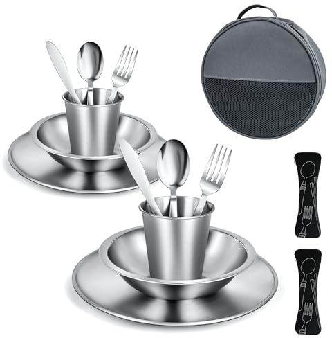 Cubiertos Camping – Vajilla de acero inoxidable. Incluye plato, cuenco, vaso, tenedor, cuchillo y cuchara. Juego de Cubiertos para llevar de picnic, acampada o autocaravana. (Para 2 Personas)