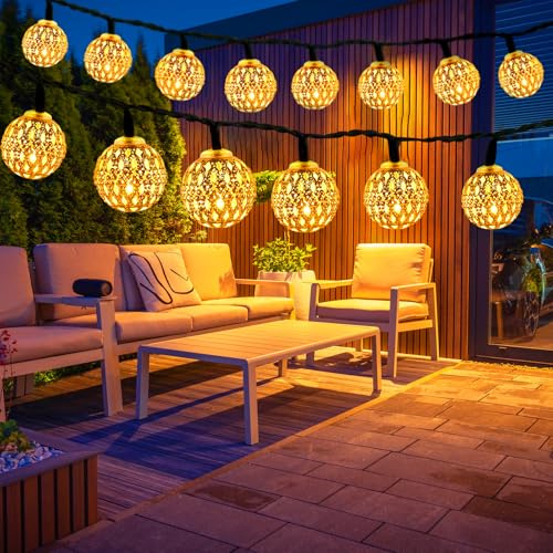 AONAT Ghirlanda Luminosa LED Marocchina Solare 7M 50 Sfere Metallo Bianco Caldo, 8 Modalità,IP65 Impermeabile,Luci Decorative Esterno per Giardino Terrazzo Matrimonio Festa Interni Esterni