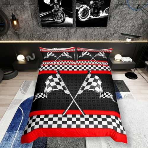 feelingyou Race Car Themed Bedding Set Double Size,Black White Checkered Flag Print Bedding Set for Kids Boys Men,Red Stripes Geometric Grid Plaid Quilted Cover Set with 2 Pillowcases