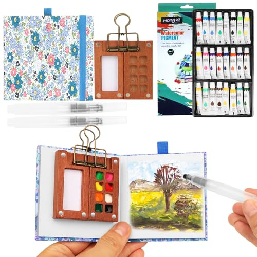 Mini Watercolour Paint Set Travel, Pocket Watercolour Set with 8 Grids Wooden Palette, 24 Colours, 2 Brushes, Metal Clip & Sketchbook for Artists, Beginners & Travel Sketchers