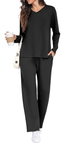 GRECERELLE Tracksuit Womens Full Set Lounge Wear Sets for Women Autumn Long Sleeve Two Piece Outfits Pullover Tops Casual Activewear V Neck and Jogging Bottoms with Pockets