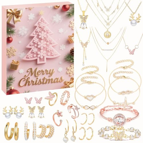 Schmuck Adventskalender 2026 Frauen & Mädchen, 25 Überraschungen - Armband Halskette Ring Ohrringe, adventskalender schmuck gold, Weihnachtskalender Blindbox, Countdown Kalender