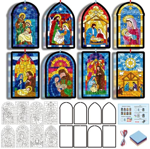 Tinlade 32 Set Nativity Scene Suncatchers Crafts Christmas DIY Activities | Christian Suncatcher Crafts Kit, Religious Arts Projects, DIY Tissue Paper Hanging Ornament, Xmas Winter Holiday Party Favors