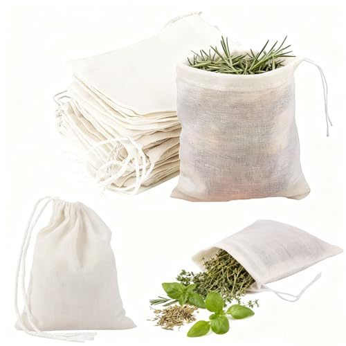 Baumwoll-Musselin-Beutel mit Kordelzug, wiederverwendbare Netzbeutel, für Tee, Kaffee, Filter, Gewürze, Cotto-n Musselin, Kordelzug, Ba-gs, Weiß, Größe 8 x 10 cm, 30 Stück