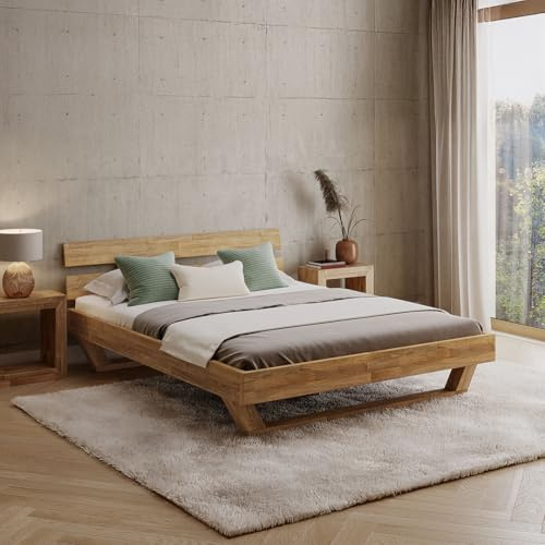 skølm Nornir Massivholzbett 160x200 cm, Bett mit Kopfteil, Massivholz Eiche | Bettrahmen mit 2 Streben & Kufen Bettbeine, aus Massivholz, Holzbett hochwertig, Bettgestell geölt, geeignet als Doppelbett