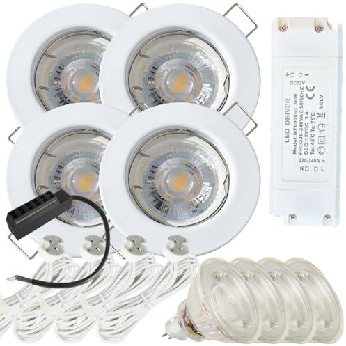 4er Set LED Einbaustrahler Tom 12V 5W - Rahmen in Weiß - 4000K Neutralweiß, 400 lm - mit Trafo, Verteiler und MR16-Fassungen inkl. 120 cm Kabel - Für den Austausch bestehender Halogenspots