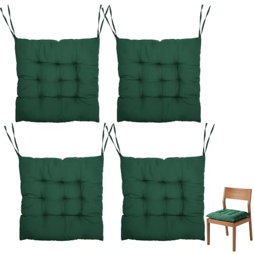 XUTUUDID 4er Set Sitzkissen Outdoor 40x40 mit Bändern, Stuhlkissen für Gartenstuhl, Stuhlauflage für Indoor und Outdoor, Bequeme Sitzkissen für Esszimmer, Wohnzimmer, Studierzimmer (Dunkelgrün)