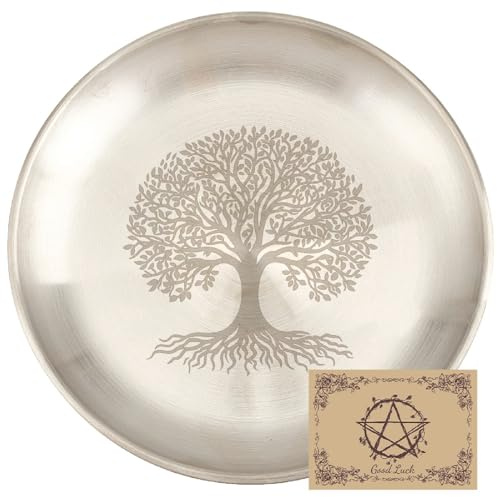 CREATCABIN Rituell tallrik livets träd altaret platt skål rostfritt stål silverbricka smycken rund bön skål tarot erbjudande ljushållare rökelsebrännare 14 x 14 cm