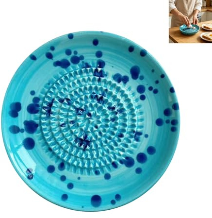 Ceramic Grater Plate, Multi-Purpose Natural Grinder for Garlic, Ginger, Onion & Cheese, Handheld Decorative Mincer Dish for Spices, Wasabi, Nuts, Easy to Clean, Non-Slip Base (Blue)