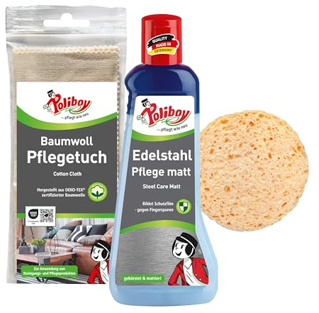 POLIBOY Edelstahlpflege matt - Edelstahlreiniger zum Reinigen von mattierten und gebürsteten Edelstahlflächen - Poliert sanft und sorgt für matten Glanz - 1x 200 ml - Mit Schwamm & Tuch