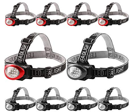 Lichamp Headlamp, 10 Pack 12 LED 3 Mode Portable Head Lamp Flashlight, Outdoor Lightweight Durable Headlight for Running, Camping, Reading, Fishing, Hunting, Walking, Jogging, Black + Red Color