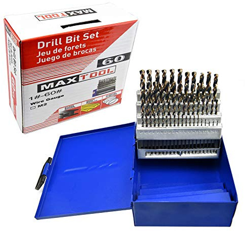 MaxTool 60-Piece Twist Drill Bit Set High Speed Steel M2 Jobber Length Fully Ground for Metal Wood Plastic Number 1-60; JBS02H10R060