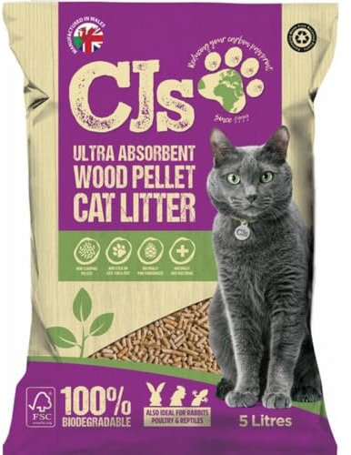 Cj's Premuim Cat Litter Ultra Absorbent Wood Pellets Non Clumping Biodegradable Natural Litter for Cats, Rabbits, Poultry and Reptiles - 5L