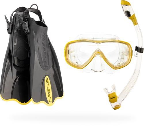 Cressi Palau SAF Snorkeling Set - Yellow, L/XL | US Man 11/13 | US Lady 12/14 - Packable Snorkeling Gear for Adults - Open-Heel Fins - Snorkel Mask & Swim Goggles
