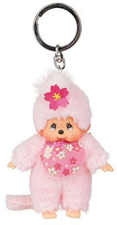 Sekiguchi 242467 - Original Monchhichi Fille Fleur de Cerisier, en Peluche Rose, avec Bavoir et Tresse avec Fleurs, Porte-clés, env. 10 cm